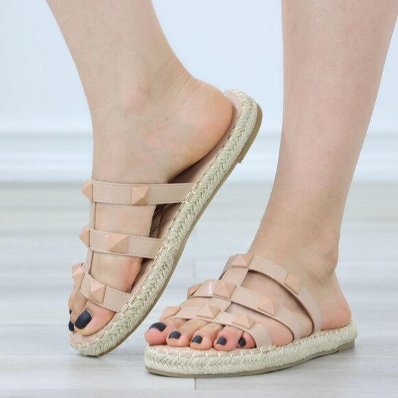 Nude Quilted Pattern Espadrille Trendy Comfy Flat Sandal Slip On Sliders - Picture 13 of 15